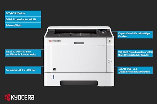 KYOCERA ECOSYS P2040dw Monochrome Network Laser Printer, 42 ppm, Up to Fine 1200 dpi, Standard Duplex, Gigabit Ethernet, USB, Wireless & Wi-Fi Direct, Mobile Print, 256 MB Memory, 2 Line LCD Screen