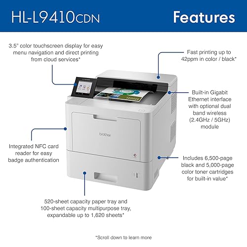 Brother HL-L9410CDN Enterprise Color Laser Printer with Fast Printing, Large Paper Capacity, and Advanced Security Features, White