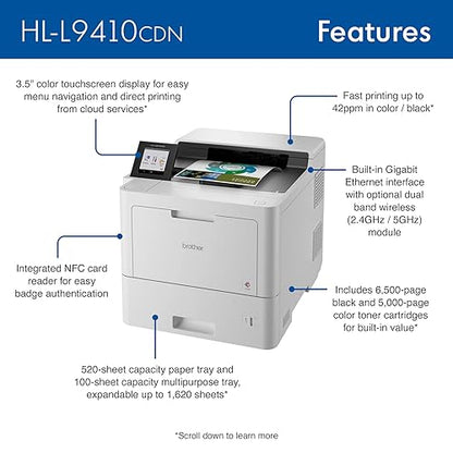 Brother HL-L9410CDN Enterprise Color Laser Printer with Fast Printing, Large Paper Capacity, and Advanced Security Features, White
