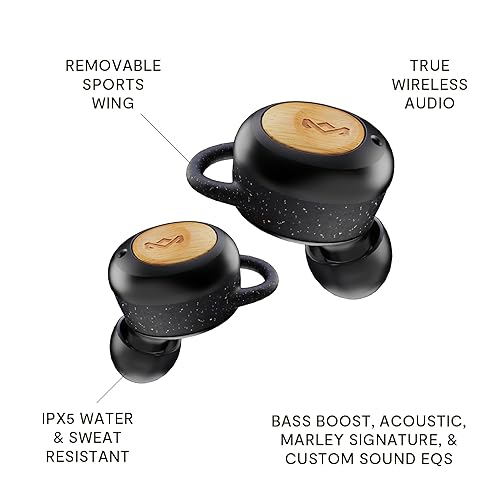 House of Marley Champion 2: True Wireless Earbuds with Microphone, Bluetooth Connectivity, 35 Hours Total Playtime, and Sustainable Materials, Signature Black