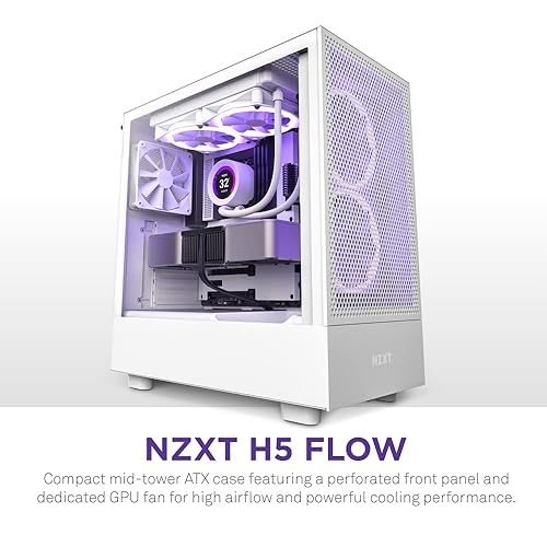NZXT H5 Flow Compact ATX Mid-Tower PC Gaming Case – High Airflow Perforated Front Panel – Tempered Glass Side Panel – 2 x 120mm Fans Included – 280mm Radiator Support – White (CC-H51FW-01)