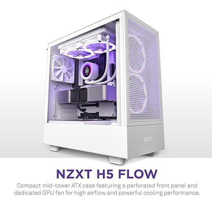 NZXT H5 Flow Compact ATX Mid-Tower PC Gaming Case – High Airflow Perforated Front Panel – Tempered Glass Side Panel – 2 x 120mm Fans Included – 280mm Radiator Support – White (CC-H51FW-01)