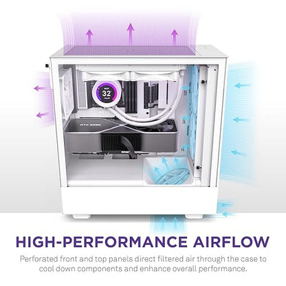 NZXT H5 Flow Compact ATX Mid-Tower PC Gaming Case – High Airflow Perforated Front Panel – Tempered Glass Side Panel – 2 x 120mm Fans Included – 280mm Radiator Support – White (CC-H51FW-01)