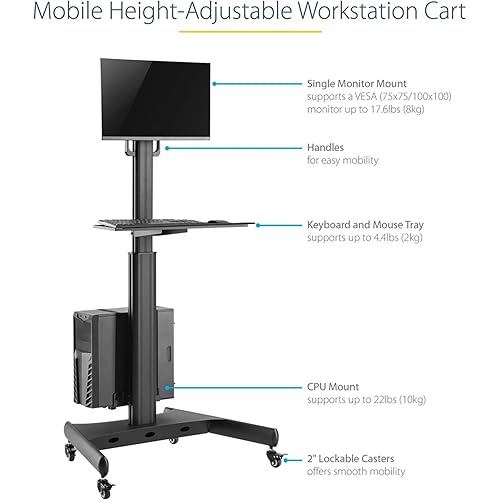 StarTech.com Mobile Workstation Cart with Monitor Mount, CPU/PC Holder, Keyboard Tray - Ergonomic Height Adjustable Desktop Computer Cart - Rolling Mobile Standing Workstation on Wheels (WKSTNCART)