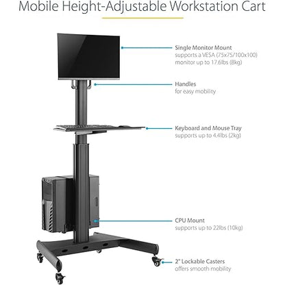 StarTech.com Mobile Workstation Cart with Monitor Mount, CPU/PC Holder, Keyboard Tray - Ergonomic Height Adjustable Desktop Computer Cart - Rolling Mobile Standing Workstation on Wheels (WKSTNCART)
