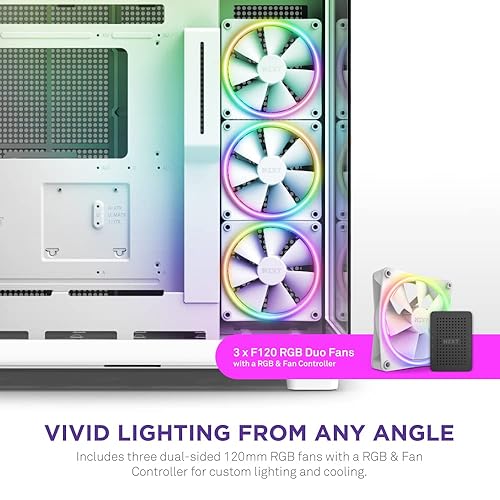 NZXT H9 Elite Dual-Chamber ATX Mid-Tower PC Gaming Case – Includes 3 x 120mm F120 RGB Duo Fans with Controller– Glass Front, Top & Side Panels – 360mm Radiator Support – Cable Management – White
