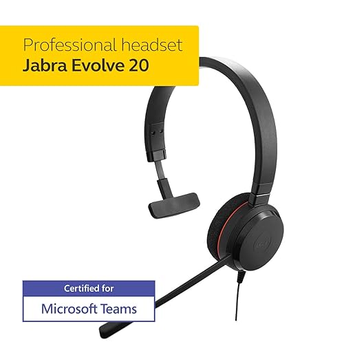 Jabra Evolve 20 MS Wired Headset, Mono Telephone Headset for Greater Productivity, Superior Sound for Calls and Music, USB Connection, All Day Comfort Design, MS Optimized (4993-823-109) Skype Optimized Mono Speaker