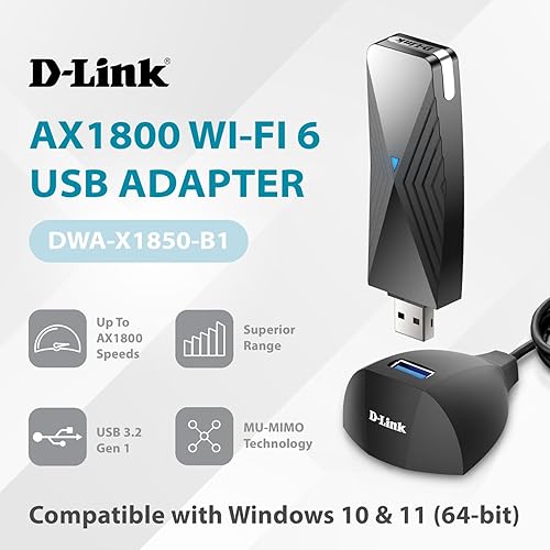 D-Link USB WiFi 6 Adapter AX1800 USB 3.0 Dual Band Long Range MU-MIMO Wireless Internet Network for Desktop PC Laptop Windows (DWA-X1850-B1-CA) WiFi 6 AX1800 USB (New)