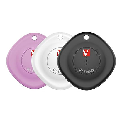 Verbatim My Finder Bluetooth Tracker Item Finder Compatible with Apple Find My (iOS Only) Water Resistant and Dustproof 3pk – Black,White,Purple 3 Pack
