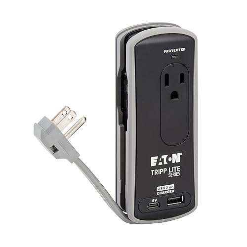 Eaton Tripp Lite TRAVELER3USBC Travel Power Strip & USB Charger, Flat Plug, 306J Surge Protector, USB-C + USB-A Port, 2-Outlets, 18" Cord & Cable Wrap, 5,000 Insurance