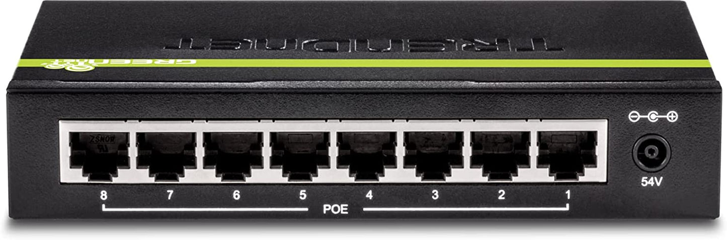 TRENDnet 8-Port GREENnet Gigabit PoE+ Switch, Supports PoE and PoE+ Devices, 61W PoE Budget, 16Gbps Switching Capacity, Data &amp; Power Via Ethernet to PoE Access Points &amp; IP Cameras, Black, TPE-TG82G 61W 8-Port