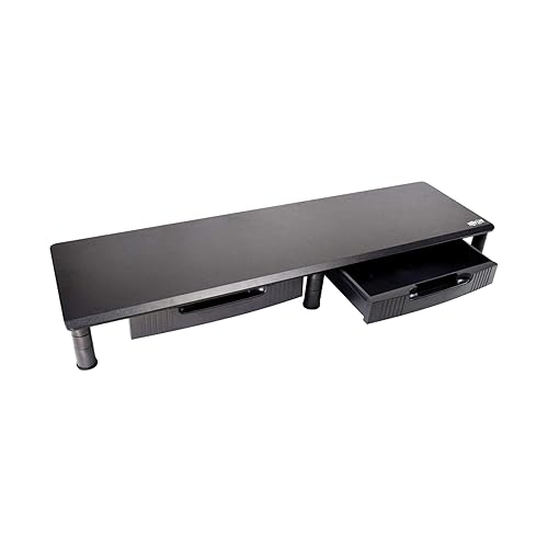 Tripp Lite Dual-Monitor Riser Stand with Storage Drawers, Black Wood & Steel Desk Organizer for 2 Screens, Adjustable Height | Computer, Laptop, PC, & TV Shelf Stand (MR4011DTAA)