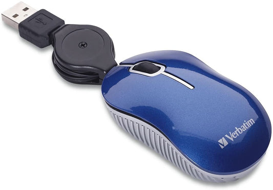Verbatim USB Corded Mini Travel Optical Wired Mouse for Mac and PC - Commuter Series Blue
