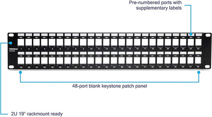 TRENDnet 48-Port Blank Keystone 2U HD Patch Panel, TC-KP48, 2U 19” Metal Rackmount Housing, HD Keystone Network Patch Panel, Recommended w/TC-K25C6 &amp; TC-K50C6 Cat6 Keystone Jacks (Sold Separately)