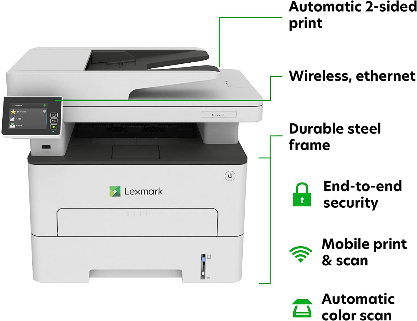 Lexmark MB2236i Multifunction Wireless Monochrome Laser Printer with A 2.8 Inch Color Touch Screen, Standard Two-Sided Printing, Cloud Fax Capability (18M0751)