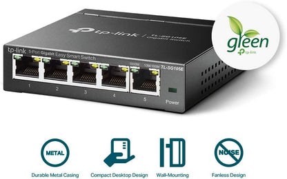 TP-Link 5 Port Gigabit Switch | Easy Smart Managed | Plug &amp; Play | Limited Lifetime Protection | Desktop/Wall-Mount | Shielded Ports | Support QoS, Vlan, IGMP and Link Aggregation (TL-SG105E) 5 Port w/ Enhanced Features