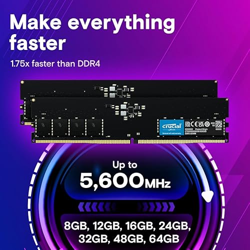 Crucial 64GB DDR5 RAM 5600MHz (or 5200MHz or 4800MHz) Desktop Memory, UDIMM 288-Pin, Compatible with Latest Intel Core Ultra and AMD Ryzen 8000 & Above – CT64G56C46U5