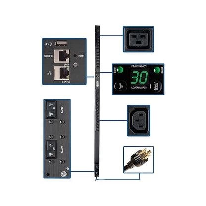 Tripp Lite PDU Monitored 5/5.8kW 208/240V 20 C13 & 4 C19 30A LX Platform L6-30P Vertical 0URM Rack-Mount TAA (PDUMNV30HVLX)
