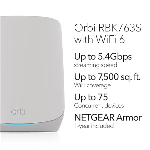 NETGEAR Orbi Whole Home Tri-Band Mesh WiFi 6 System (RBK763S) – Router with 2 Satellite Extenders - Coverage up to 7,000 sq. ft, 75 Devices – Free Armor Security - AX5400 802.11ax (up to 5.4Gbps)