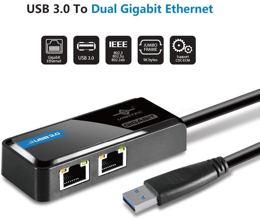 Vantec USB 3.0 to Dual Gigabit Ethernet Network Adapter (CB-U320GNA),Black