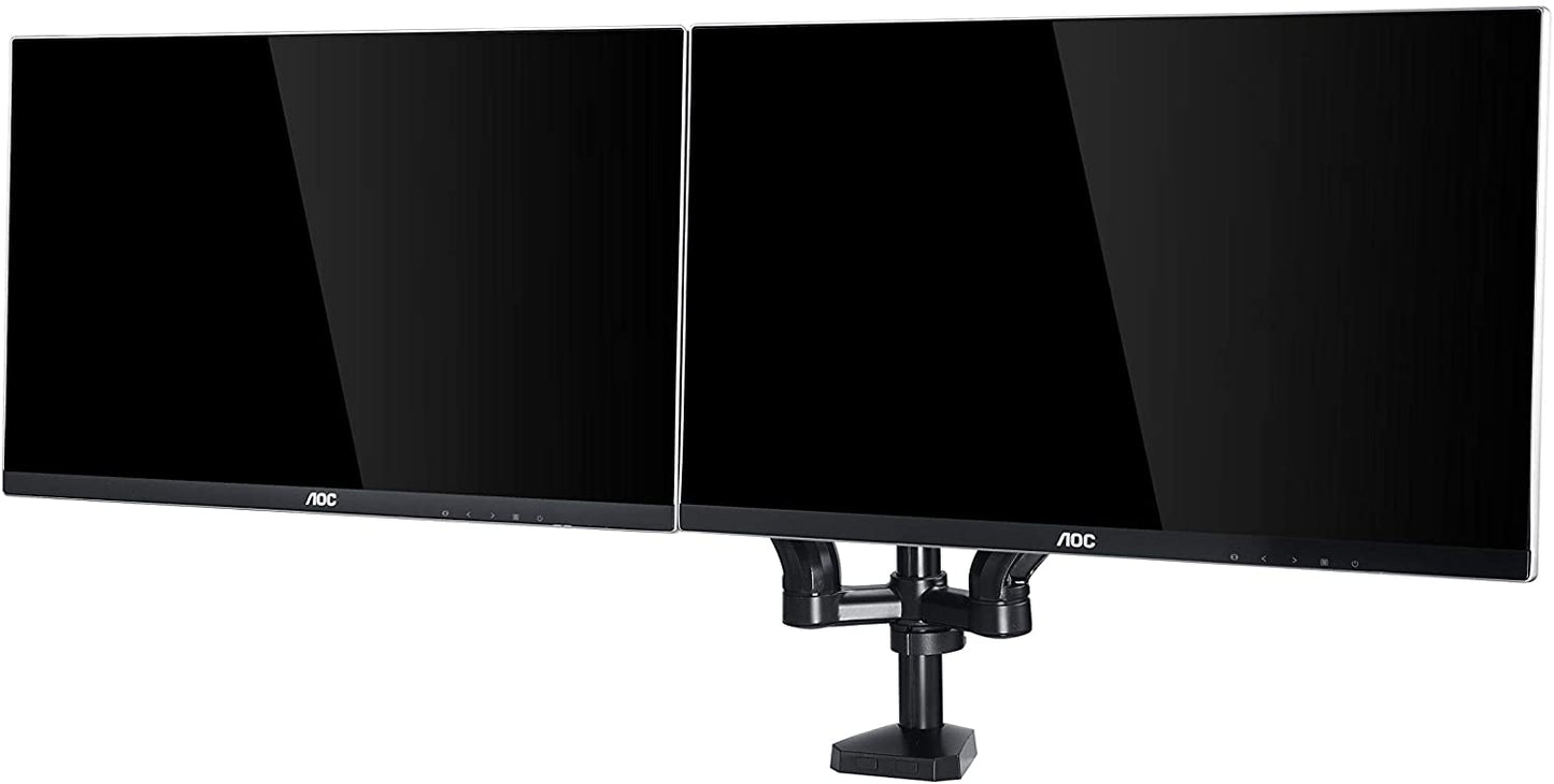 AOC AD110D0 - Dual Computer Monitor Arm Mount, Gas Struts Supporting up to 19.4 lbs and up to 27" on Each arm. Grommet and C-clamp mounts Included. Easy Swivel, tilt, Rotate for Ergonomic Setup.