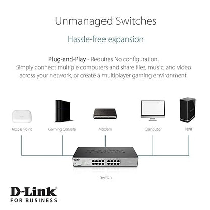 D-Link 16-Port Fast Ethernet Unmanaged Desktop/Rackmount Switch, Plug and play, Rugged Metal Housing, IEEE 802. 3az Energy Efficient Ethernet (EEE) (DSS-16+) , Black Metal 16-Port Fast Ethernet