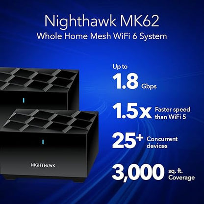 NETGEAR Nighthawk Whole Home Mesh WiFi 6 System (MK62) - AX1800 Router with 1 Satellite Extender, Coverage up to 3,000 sq. ft. and 25+ Devices , Black 2 Pack | AX1800