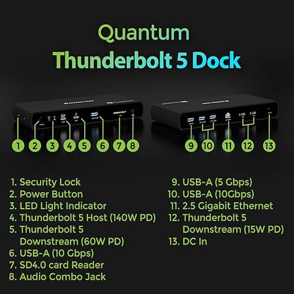 IOGEAR Quantum Thunderbolt 5 Dock Pro - 10 Devices - 80gbps - 2.5G - TB5 Host Dual 8K 60hz / Triple 4K Display 120hz - USB-A, SD 4.0, Audio - TAA - 140W Host Power - Includes PSU - Win 11 — GTD58KTAA