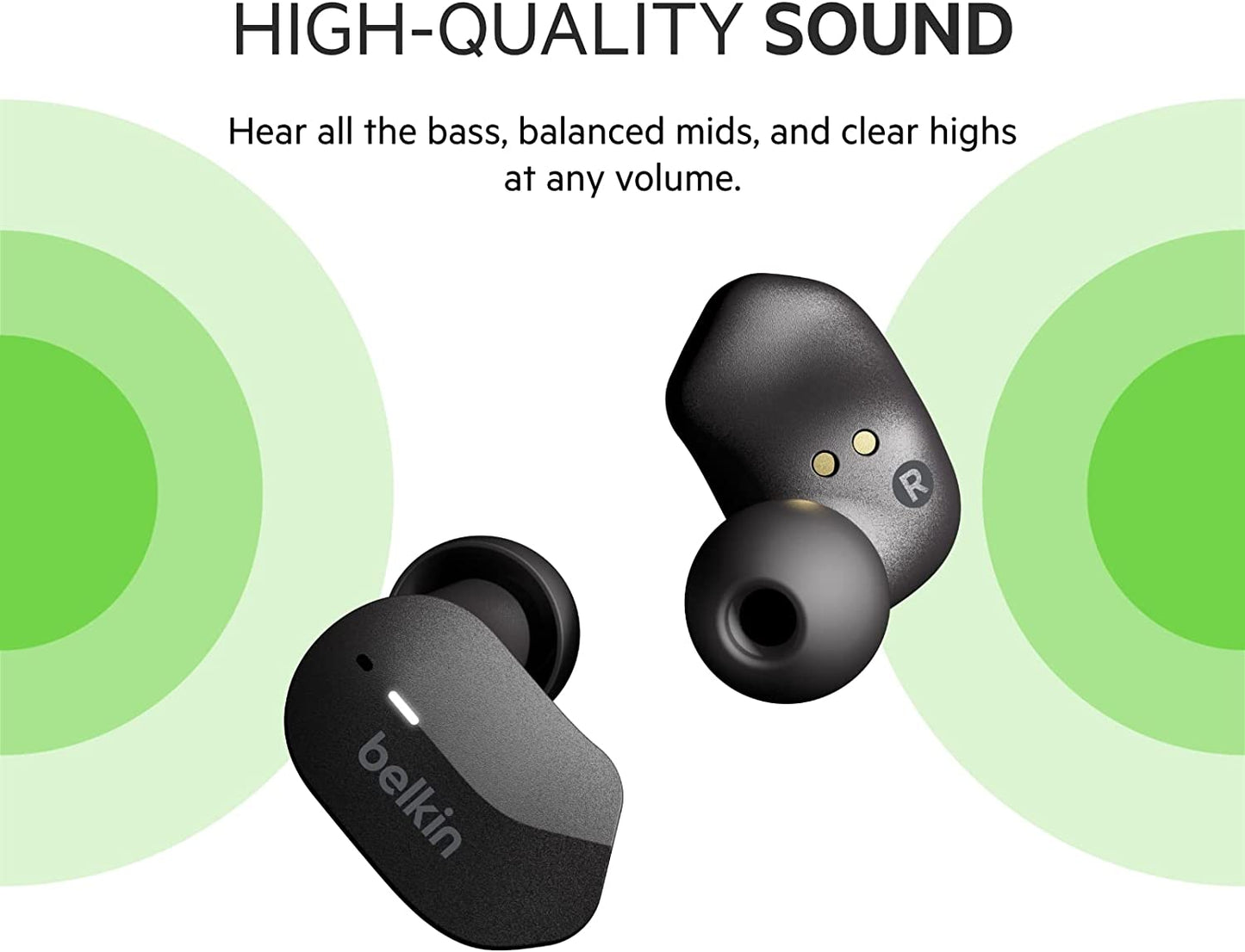 Belkin SoundForm True Wireless Earbuds, Bluetooth Headphones with Microphone, Touch Controls, IPX5 Sweat &amp; Splash Resistant for iPhone 12, Pro, Max, Mini and Galaxy with Charging Case (Black) Classic Black