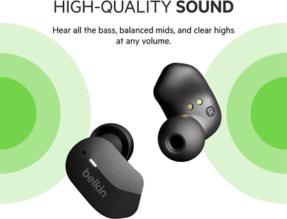 Belkin SoundForm True Wireless Earbuds, Bluetooth Headphones with Microphone, Touch Controls, IPX5 Sweat &amp; Splash Resistant for iPhone 12, Pro, Max, Mini and Galaxy with Charging Case (Black) Classic Black