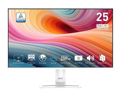 MSI PRO MP251W E2 24.5-inch IPS 1920 x 1080 (FHD) Gaming Office Monitor, 120Hz, Adaptive-Synch, HDR Ready, HDMI, VGA Port, Display Port,VESA Mountable, Tilt, Speaker, 4-Side Slim Bezel,1ms, White