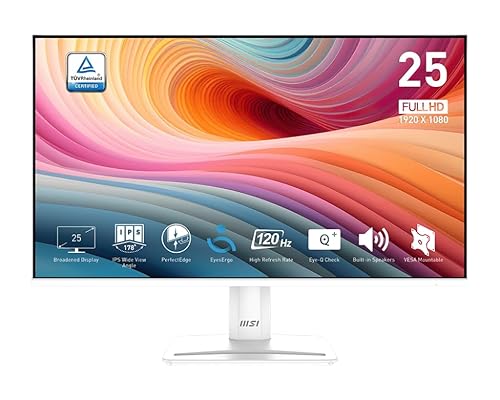 MSI PRO MP251W E2 24.5-inch IPS 1920 x 1080 (FHD) Gaming Office Monitor, 120Hz, Adaptive-Synch, HDR Ready, HDMI, VGA Port, Display Port,VESA Mountable, Tilt, Speaker, 4-Side Slim Bezel,1ms, White