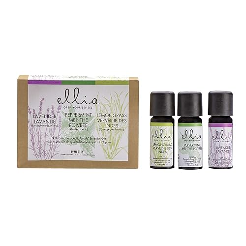 Ellia Essential Oil Set, Single Notes, With Peppermint, Lavender and Lemongrass, 100% Pure, Therapeutic Grade Essential Oil Kit for Diffisuers, 10ml Each, 3-Pack, By Homedics Lavender | Peppermint | Lemongrass