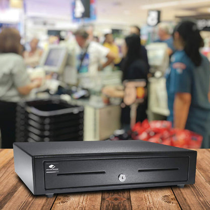 APG Standard- Duty 16” Electronic Point of Sale Cash Drawer | Vasario Series VB320-1-BL1616-B5 | with CD-101A Cable | Printer Compatible | Plastic Till with 4 Bill/ 8 Coin Compartments | Black Printer-Driven 24V (with Cable) - Black 16" - 4x8