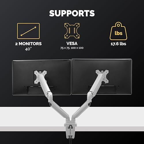 Fellowes Platinum Series Adjustable Dual Monitor Arm, Silver, Gas Spring, VESA Bracket, Clamp or Grommet Mount, Holds Two Monitors 32" / 17.6 lbs Each