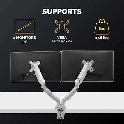 Fellowes Platinum Series Adjustable Dual Monitor Arm, Silver, Gas Spring, VESA Bracket, Clamp or Grommet Mount, Holds Two Monitors 32" / 17.6 lbs Each