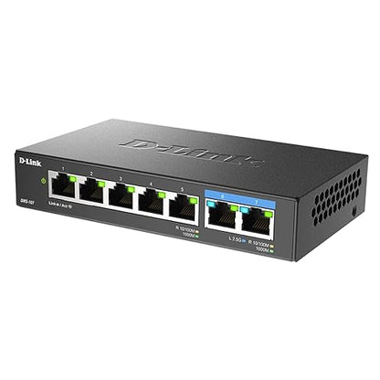 D-Link 7-Port 2.5GB Unmanaged Gaming Switch with 2 x 2.5G, 5 x 10/100/1000 Mbps - Multi-Gig, Network, Fanless, Plug & Play (DMS-107) Black
