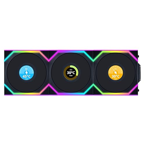 Lian Li UNI Fan SL-LCD Wireless 120- Triple Pack (Reverse Blade) ARGB Fan w/ 1.6" LCD Display, Wireless Connector, Daisy-Chain Design, Customizable Lighting Effects,400×400 Res.- Black(12RSLLCD1W3B)