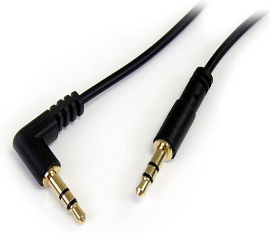 StarTech.com 1 ft. (0.3 m) Right Angle 3.5 mm Audio Cable - 3.5mm Slim Audio Cable - Right Angle - Male/Male - Aux Cable (MU1MMSRA), Black 1 ft 1 Angled Connector Audio Cable