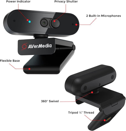 AVerMedia PW310P Webcam - Full 1080p 30fps HD Camera with Autofocus and Dual Stereo Microphones, Work from Home, Remote Learning. 1080p 30fps Auto focus