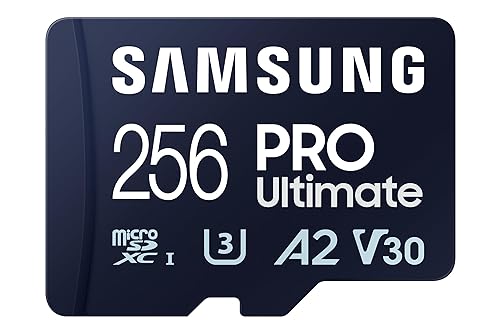 SAMSUNG PRO Ultimate microSD Memory Card + Adapter, 256GB microSDXC, Up to 200 MB/s, 4K UHD, UHS-I, Class 10, U3,V30, A2 for Action Cam, Drone, Gaming, Phones, Tablets, MB-MY256SA/AM[Canada Version]