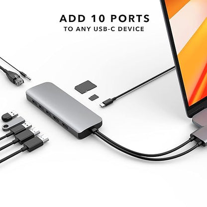 MacBook Pro Docking Station, HyperDrive 10-in-2 USB C Dock, Dual Monitor HDMI 4K@60Hz, 60W USBC Power delivery, Gigabit Ethernet, Dual USB-C Hub Adapter for M1 MacBook Pro Air, Chromebook, Gray