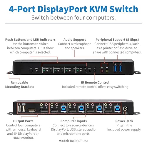 Tripp Lite 4 Port DisplayPort USB KVM Switch, Quad Port DP USB KVM Switch, 4K 60 Hz, HDR, HDCP 2.2, DP 1.4, USB 3.0 Cables, Black (B005-DPUA4) 4-Port DisplayPort