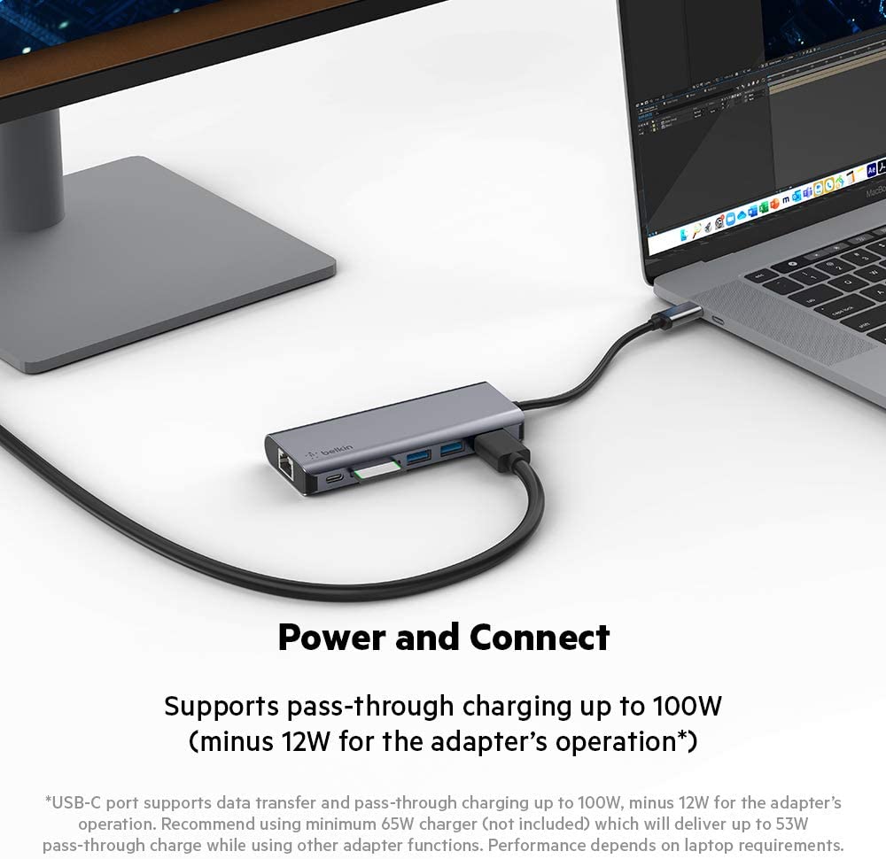 Belkin USB C Hub, 6-in-1MultiPortAdapter Dock with 4K HDMI, USB-C 100W PD Pass-Through Charging, 2 x USB A, Gigabit Ethernet Ports and SD Slot for MacBook Pro, Air, iPad Pro, XPS and More