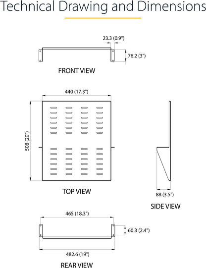 StarTech.com 2-Post Server Rack Shelf - Center Mount - 19 Inch -2U - Black - Supports up to 75 lb. (34 kg) - Vented (CABSHF2POSTV2)