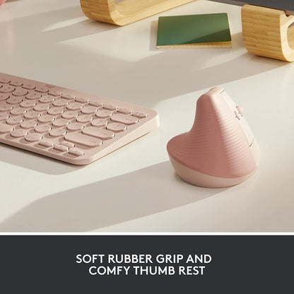 Logitech Lift Vertical Ergonomic Mouse, Wireless, Bluetooth or Logi Bolt USB Receiver, Quiet clicks, 4 Buttons, Compatible with Windows/macOS/iPadOS, Laptop, PC - Rose Right-Handed Mouse ROSE