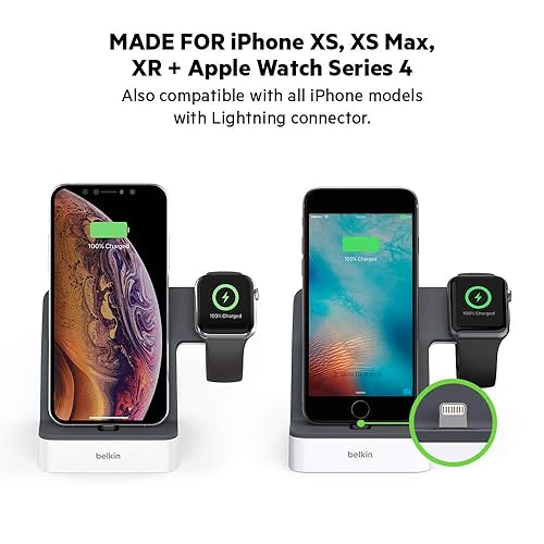 Belkin Powerhouse Charge Dock for Apple Watch + iPhone Charging Dock for iPhone Xs, XS Max, XR, X, 8/8 Plus and More, Apple Watch Series 4, 3, 2, 1 (Black) Black Charging Dock