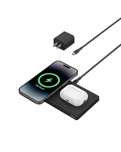 Belkin 2-in-1 Wireless Charging Pad with MagSafe 15W, Fast Charging iPhone Charger - Wireless Charging Station for iPhone 16, 15, 14, and 13 Series, AirPods, and Other MagSafe Enabled Devices - Black Black 2 in 1 Pad