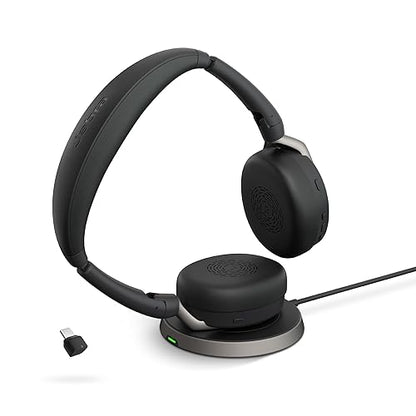 Jabra Evolve2 65 Flex Stereo Headset with Bluetooth, Wireless Charging Pad - Noise-Cancelling ClearVoice Technology & Hybrid Active Noise Cancellation - Certified for Microsoft Teams - Black USB-C MS Teams