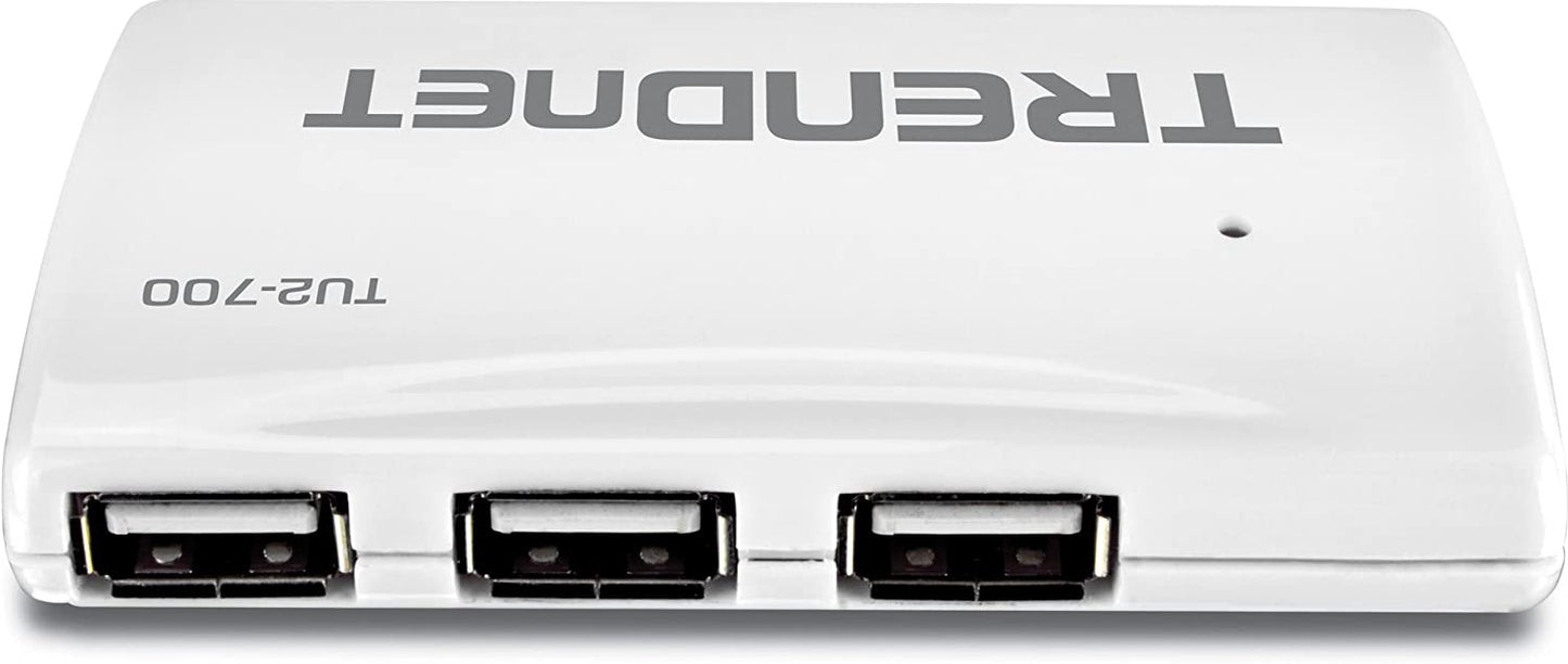TRENDnet USB 2.0 7-Port High Speed Hub, 5V/2A Power Adapter, Up to 480 Mbps USB 2.0 Connection Speeds, 10 Watts Total Power, Compatible with Windows, Mac, and Linux, White, TU2-700 7 Port USB 2.0